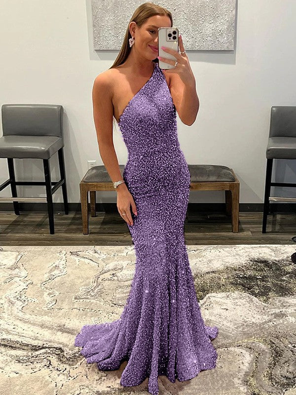 Sheath/Column Velvet Sequins Ruffles One-Shoulder Sleeveless Sweep/Brush Train Prom Dress
