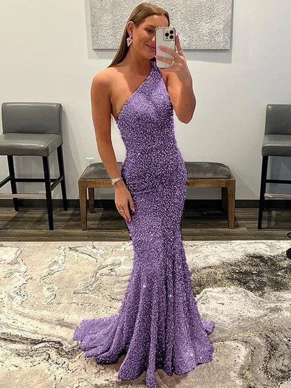 Sheath/Column Velvet Sequins Ruffles One-Shoulder Sleeveless Sweep/Brush Train Prom Dress
