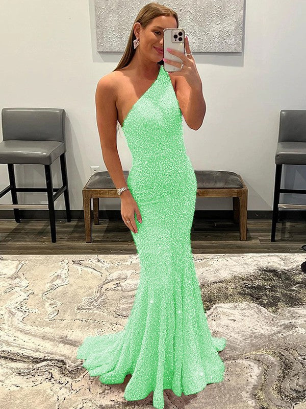 Sheath/Column Velvet Sequins Ruffles One-Shoulder Sleeveless Sweep/Brush Train Prom Dress