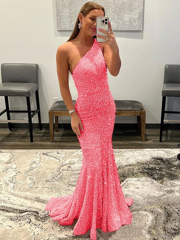 Sheath/Column Velvet Sequins Ruffles One-Shoulder Sleeveless Sweep/Brush Train Prom Dress