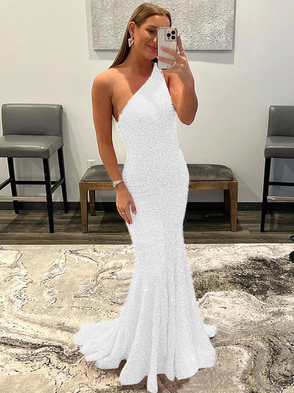 Sheath/Column Velvet Sequins Ruffles One-Shoulder Sleeveless Sweep/Brush Train Prom Dress