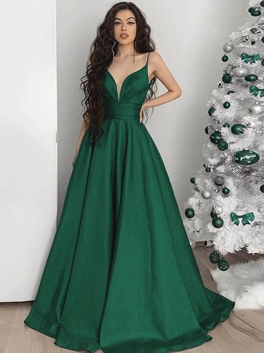 A-Line/Princess Satin Ruched V-neck Sleeveless Sweep/Brush Train Prom Dress