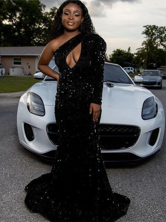 Sheath/Column Velvet Sequins Ruched One-Shoulder Long Sleeves Sweep/Brush Train Prom Dress