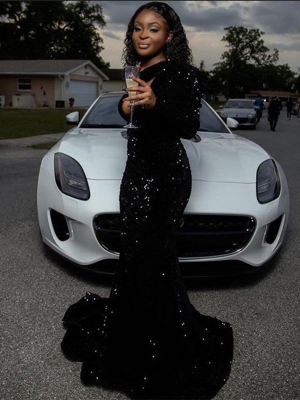 Sheath/Column Velvet Sequins Ruched One-Shoulder Long Sleeves Sweep/Brush Train Prom Dress