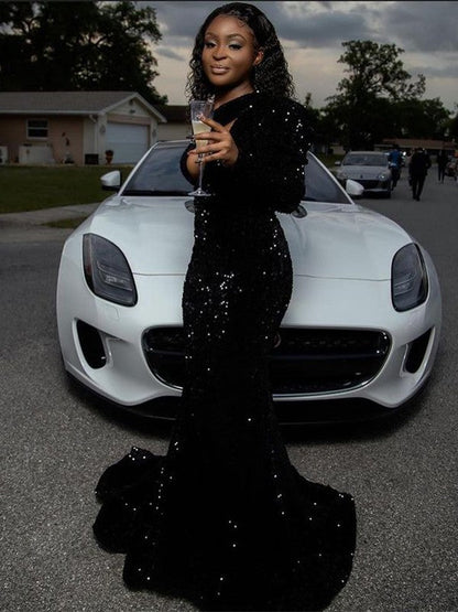 Sheath/Column Velvet Sequins Ruched One-Shoulder Long Sleeves Sweep/Brush Train Prom Dress