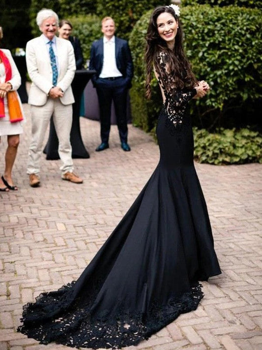 Sheath/Column Stretch Crepe Lace Scoop Long Sleeves Sweep/Brush Train Prom Dress