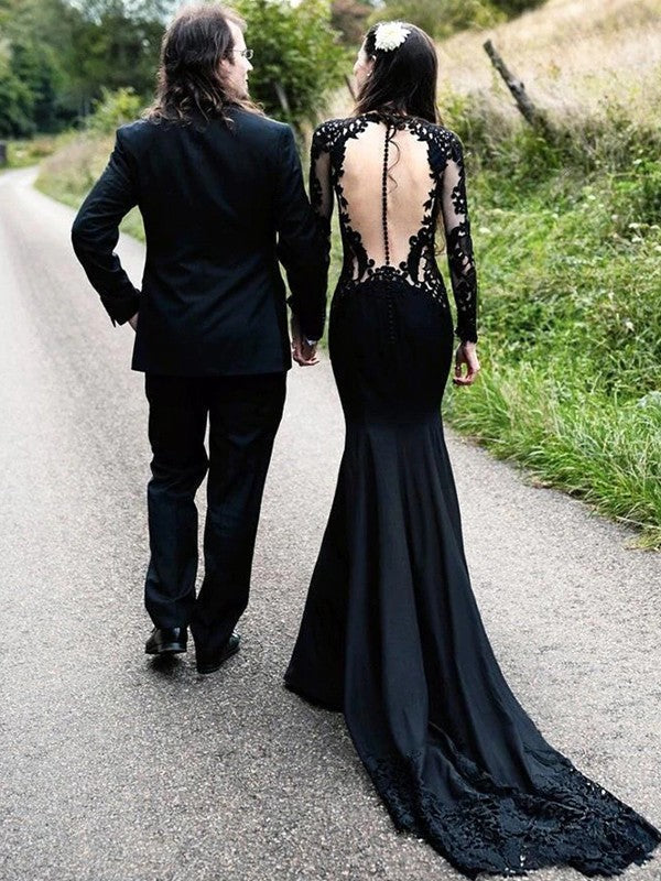 Sheath/Column Stretch Crepe Lace Scoop Long Sleeves Sweep/Brush Train Prom Dress