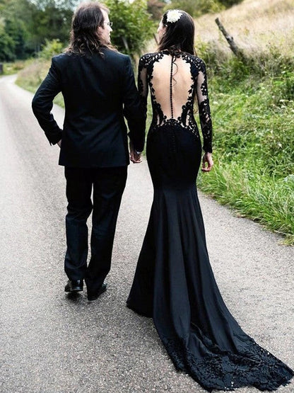 Sheath/Column Stretch Crepe Lace Scoop Long Sleeves Sweep/Brush Train Prom Dress