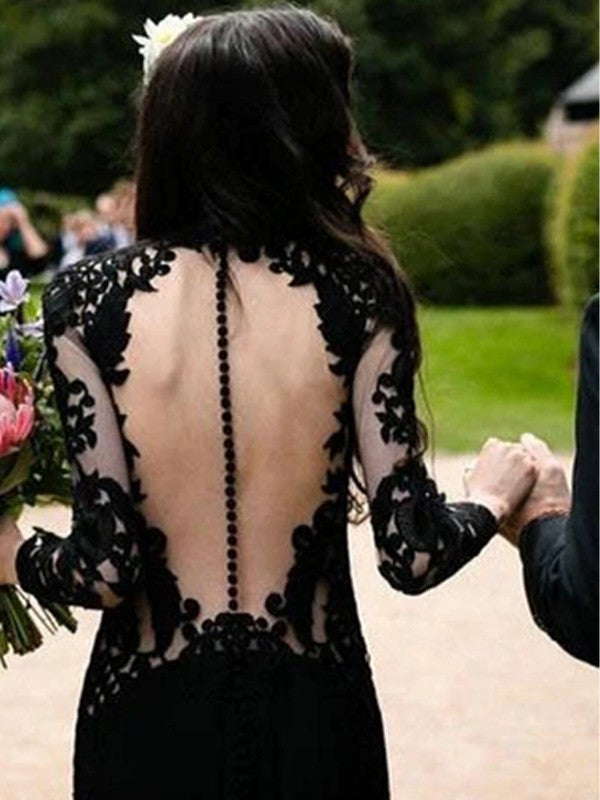 Sheath/Column Stretch Crepe Lace Scoop Long Sleeves Sweep/Brush Train Prom Dress