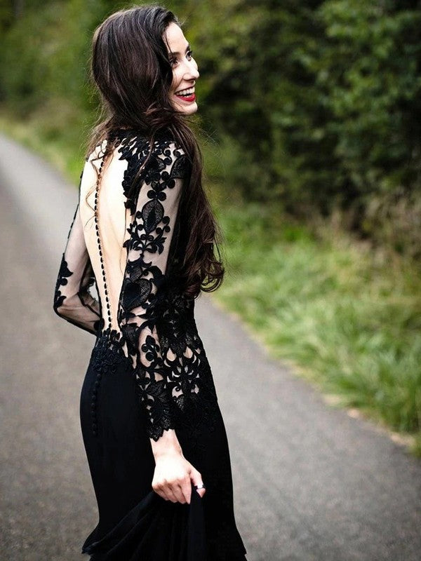 Sheath/Column Stretch Crepe Lace Scoop Long Sleeves Sweep/Brush Train Prom Dress