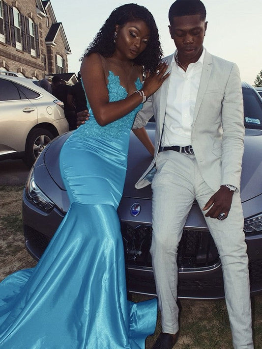 Trumpet/Mermaid Silk like Satin Applique Scoop Sleeveless Sweep/Brush Train Prom Dress