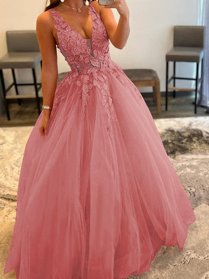Ball Gown Tulle Applique V-neck Sleeveless Floor-Length Prom Dress