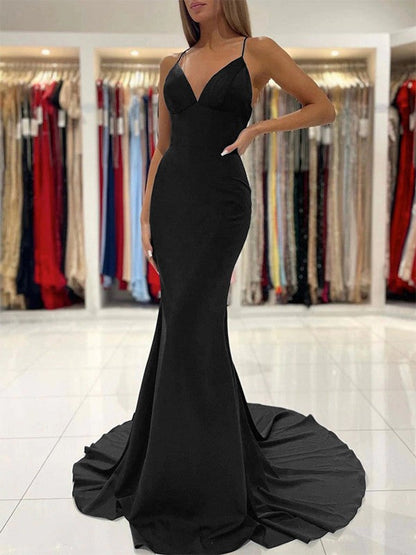 Sheath/Column Stretch Crepe Ruffles V-neck Sleeveless Sweep/Brush Train Prom Dress