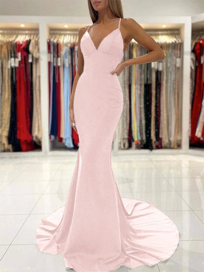 Sheath/Column Stretch Crepe Ruffles V-neck Sleeveless Sweep/Brush Train Prom Dress