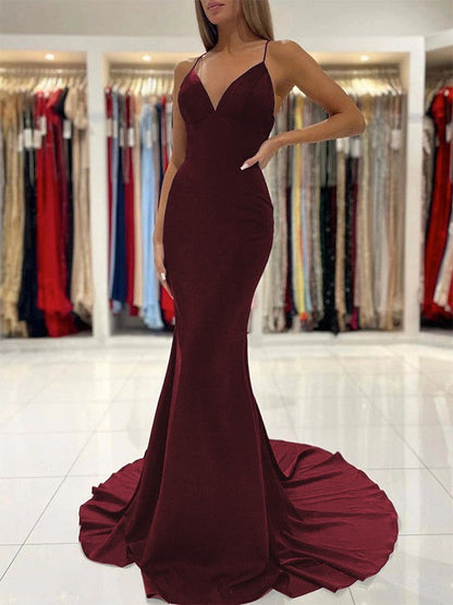 Sheath/Column Stretch Crepe Ruffles V-neck Sleeveless Sweep/Brush Train Prom Dress