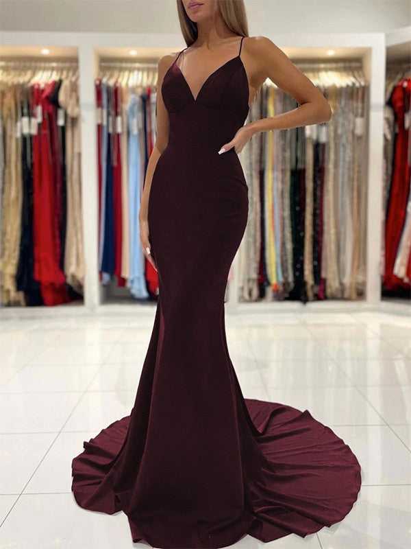 Sheath/Column Stretch Crepe Ruffles V-neck Sleeveless Sweep/Brush Train Prom Dress