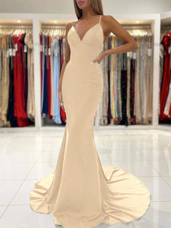 Sheath/Column Stretch Crepe Ruffles V-neck Sleeveless Sweep/Brush Train Prom Dress