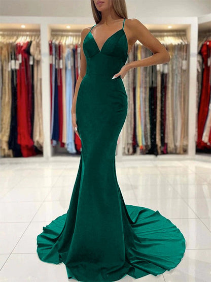 Sheath/Column Stretch Crepe Ruffles V-neck Sleeveless Sweep/Brush Train Prom Dress