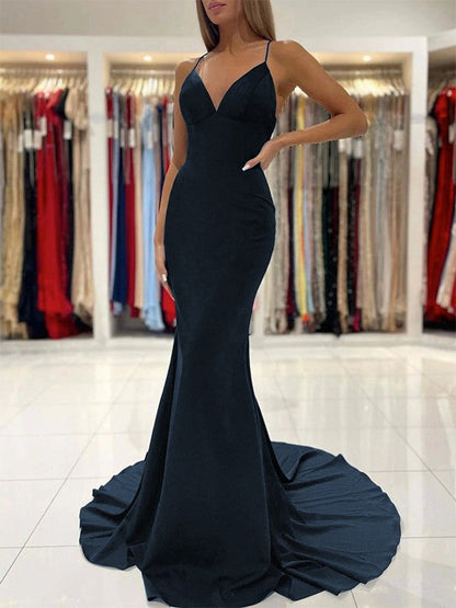 Sheath/Column Stretch Crepe Ruffles V-neck Sleeveless Sweep/Brush Train Prom Dress