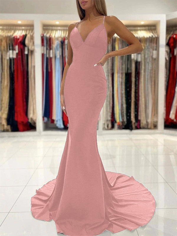 Sheath/Column Stretch Crepe Ruffles V-neck Sleeveless Sweep/Brush Train Prom Dress