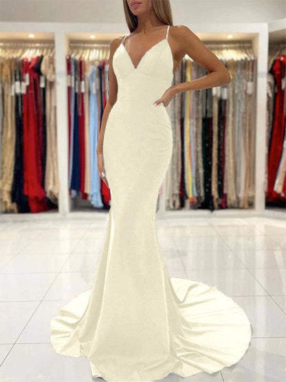 Sheath/Column Stretch Crepe Ruffles V-neck Sleeveless Sweep/Brush Train Prom Dress