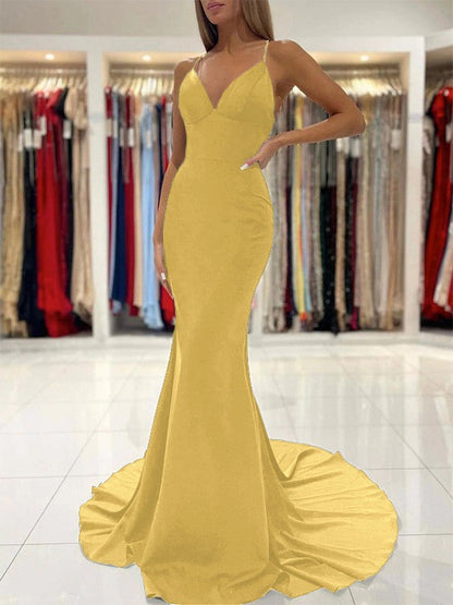 Sheath/Column Stretch Crepe Ruffles V-neck Sleeveless Sweep/Brush Train Prom Dress