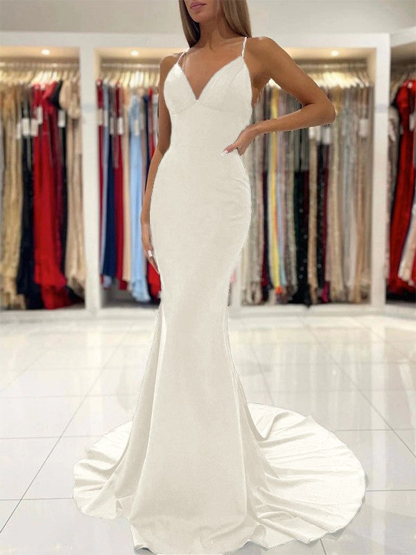 Sheath/Column Stretch Crepe Ruffles V-neck Sleeveless Sweep/Brush Train Prom Dress