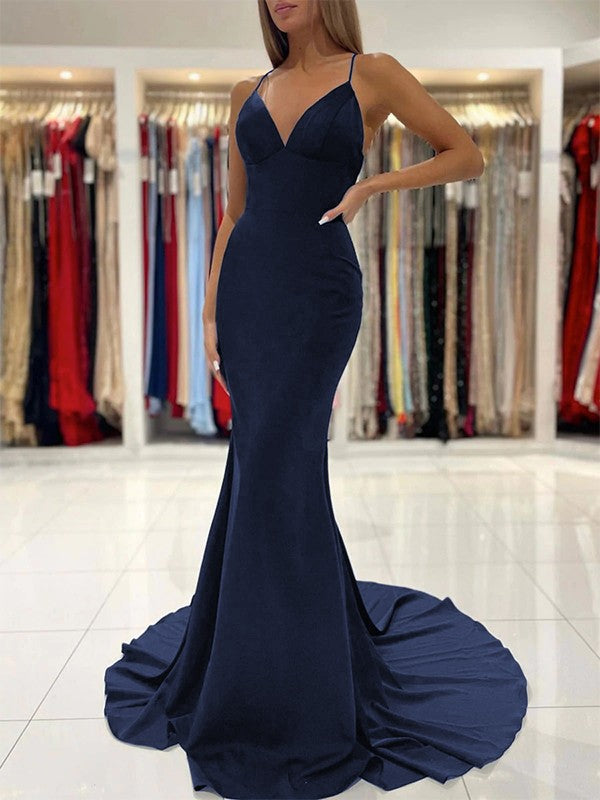 Sheath/Column Stretch Crepe Ruffles V-neck Sleeveless Sweep/Brush Train Prom Dress