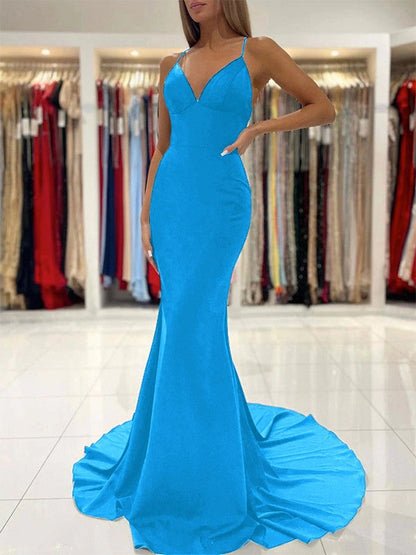 Sheath/Column Stretch Crepe Ruffles V-neck Sleeveless Sweep/Brush Train Prom Dress
