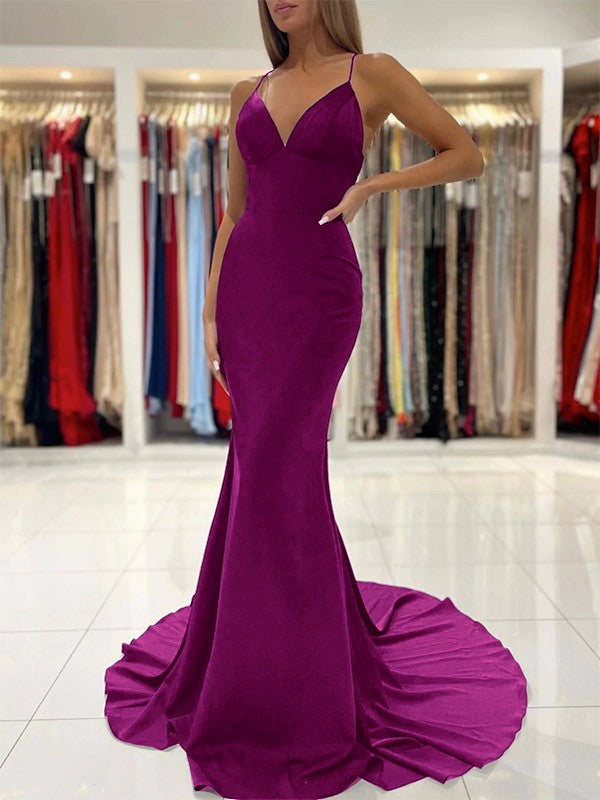 Sheath/Column Stretch Crepe Ruffles V-neck Sleeveless Sweep/Brush Train Prom Dress