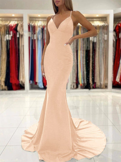 Sheath/Column Stretch Crepe Ruffles V-neck Sleeveless Sweep/Brush Train Prom Dress