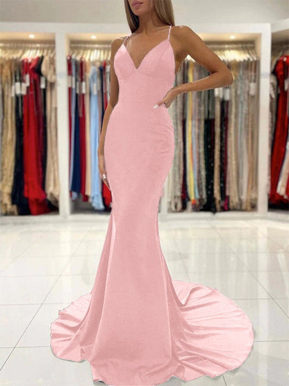 Sheath/Column Stretch Crepe Ruffles V-neck Sleeveless Sweep/Brush Train Prom Dress