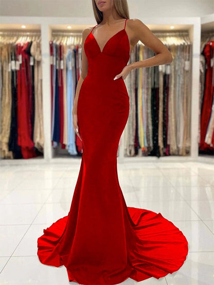 Sheath/Column Stretch Crepe Ruffles V-neck Sleeveless Sweep/Brush Train Prom Dress