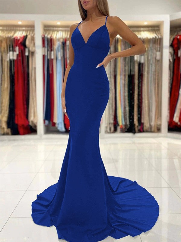 Sheath/Column Stretch Crepe Ruffles V-neck Sleeveless Sweep/Brush Train Prom Dress