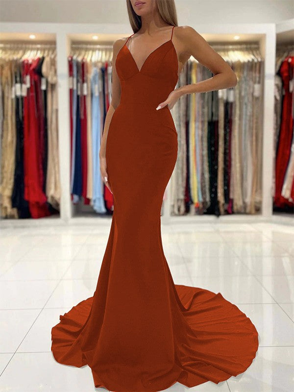 Sheath/Column Stretch Crepe Ruffles V-neck Sleeveless Sweep/Brush Train Prom Dress