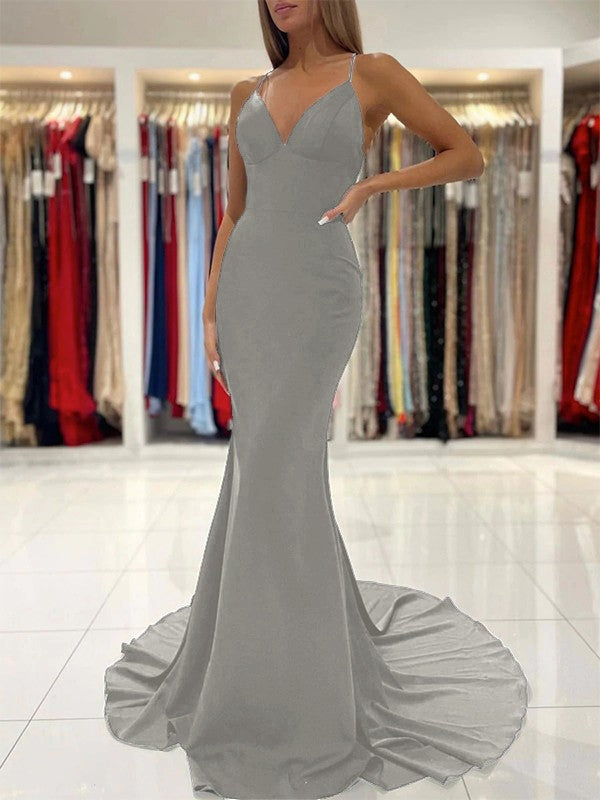 Sheath/Column Stretch Crepe Ruffles V-neck Sleeveless Sweep/Brush Train Prom Dress
