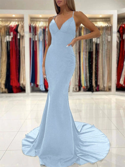 Sheath/Column Stretch Crepe Ruffles V-neck Sleeveless Sweep/Brush Train Prom Dress