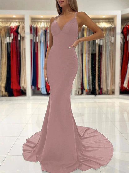 Sheath/Column Stretch Crepe Ruffles V-neck Sleeveless Sweep/Brush Train Prom Dress