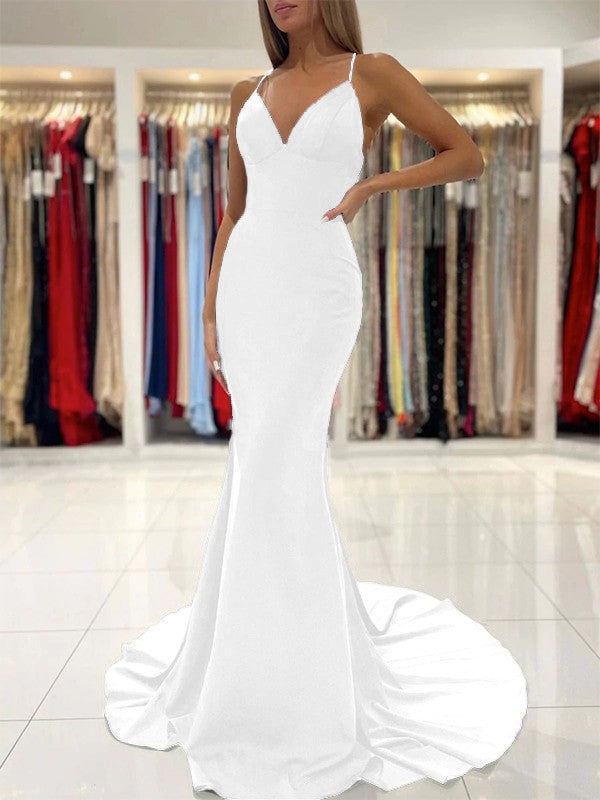 Sheath/Column Stretch Crepe Ruffles V-neck Sleeveless Sweep/Brush Train Prom Dress