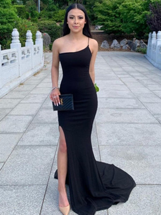 Sheath/Column Stretch Crepe Ruched One-Shoulder Sleeveless Sweep/Brush Train Prom Dress