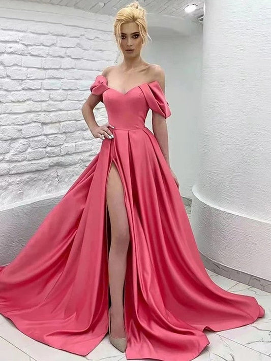 A-Line/Princess Satin Ruffles Off-the-Shoulder Sleeveless Sweep/Brush Train Prom Dress
