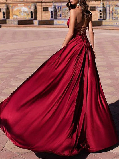 A-Line/Princess Elastic Woven Satin V-neck Sleeveless Sweep/Brush Train Prom Dress