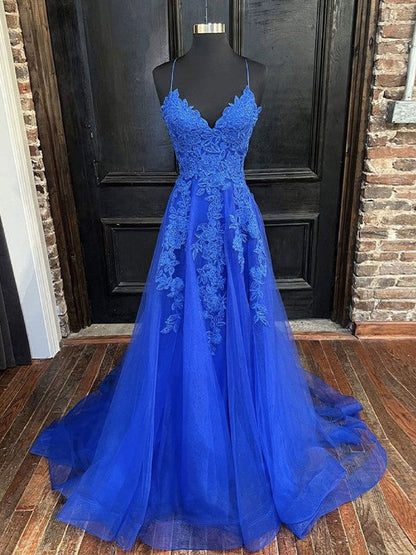 A-Line/Princess Tulle Applique V-neck Sleeveless Sweep/Brush Train Bridesmaid Dresses