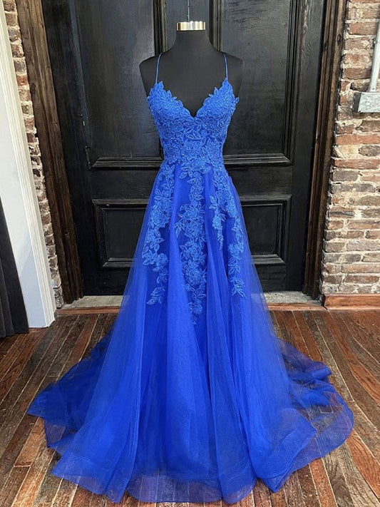 A-Line/Princess Tulle Applique V-neck Sleeveless Sweep/Brush Train Bridesmaid Dresses
