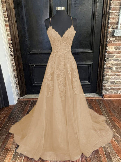 A-Line/Princess Tulle Applique V-neck Sleeveless Sweep/Brush Train Bridesmaid Dresses