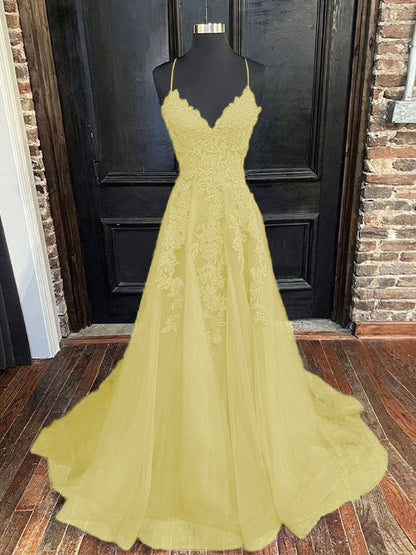 A-Line/Princess Tulle Applique V-neck Sleeveless Sweep/Brush Train Bridesmaid Dresses