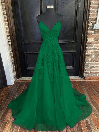 A-Line/Princess Tulle Applique V-neck Sleeveless Sweep/Brush Train Bridesmaid Dresses