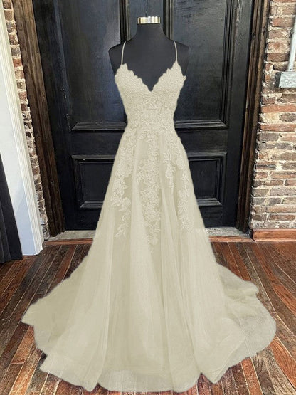 A-Line/Princess Tulle Applique V-neck Sleeveless Sweep/Brush Train Bridesmaid Dresses