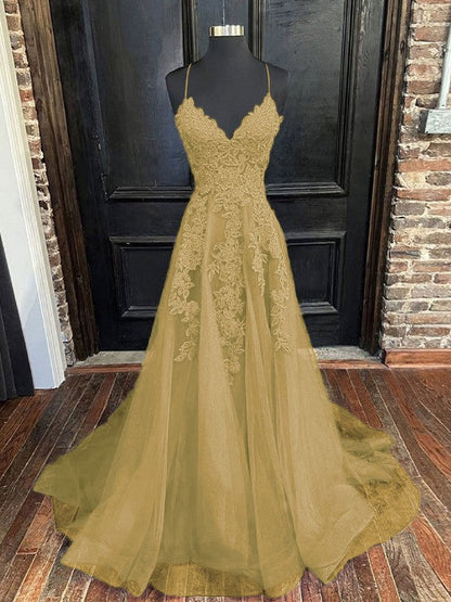 A-Line/Princess Tulle Applique V-neck Sleeveless Sweep/Brush Train Bridesmaid Dresses