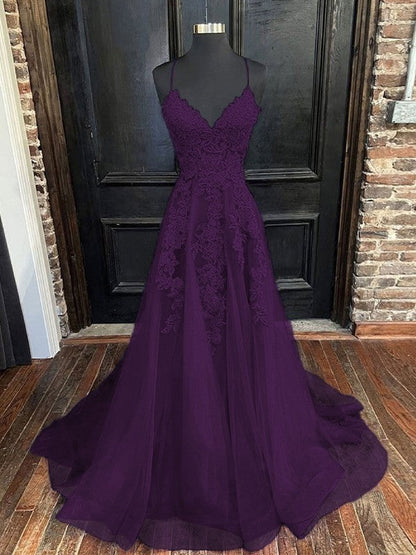 A-Line/Princess Tulle Applique V-neck Sleeveless Sweep/Brush Train Bridesmaid Dresses